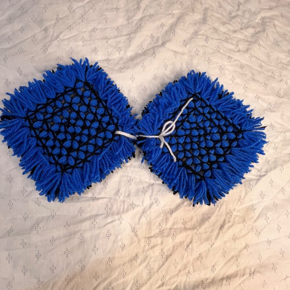 Handcrafted Woven Yarn Pot Holders Black & Blue Square Set Of 2 7"x7" Kitchen De